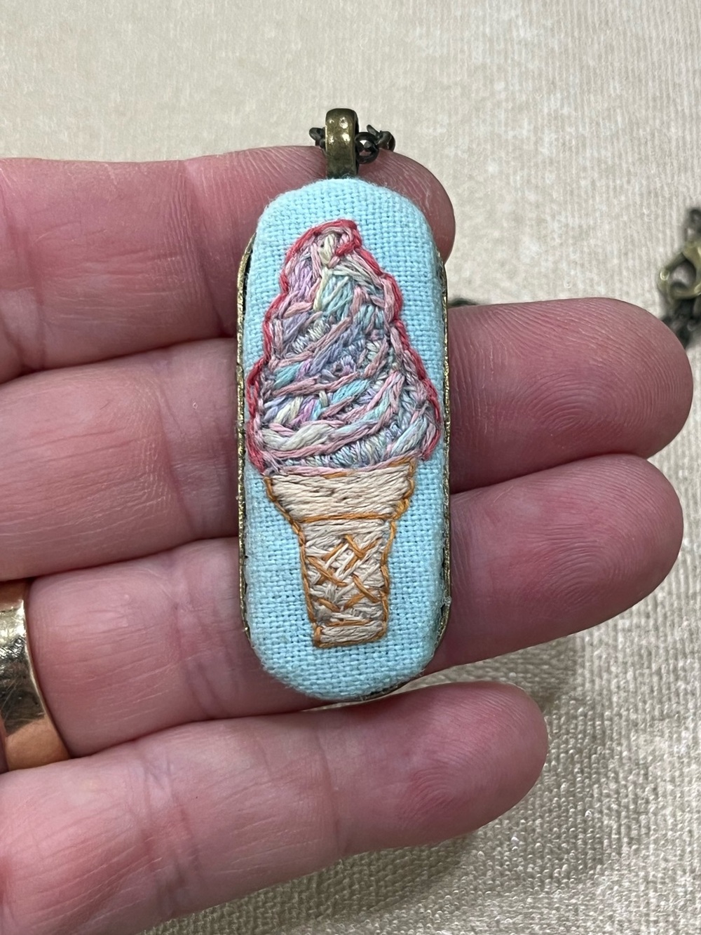 Hand-Embroidered Ice Cream Cone Pendant Necklace in Light Blue